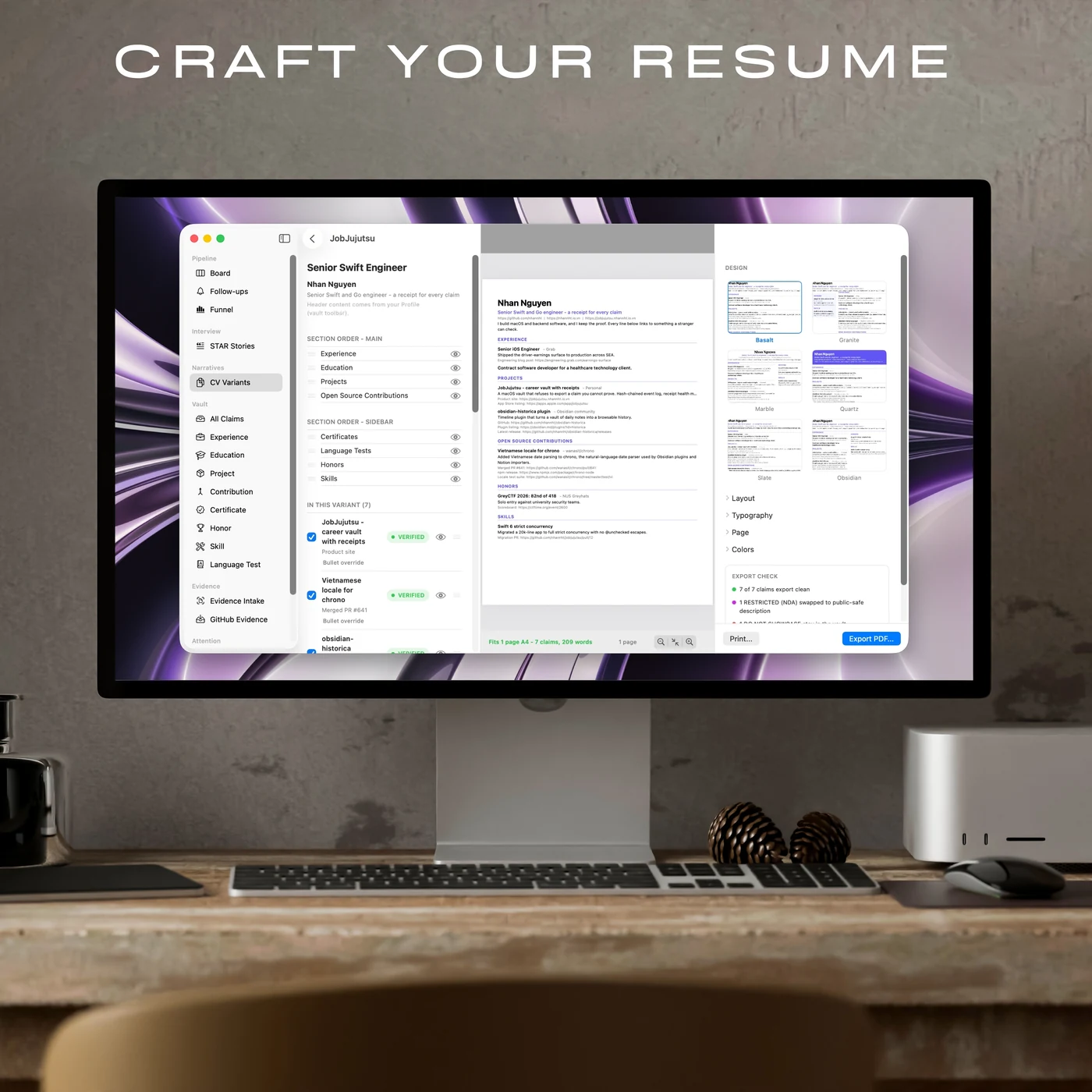 The Resume Studio: your claim list on the left, the page building itself in the middle, and the design controls on the right.