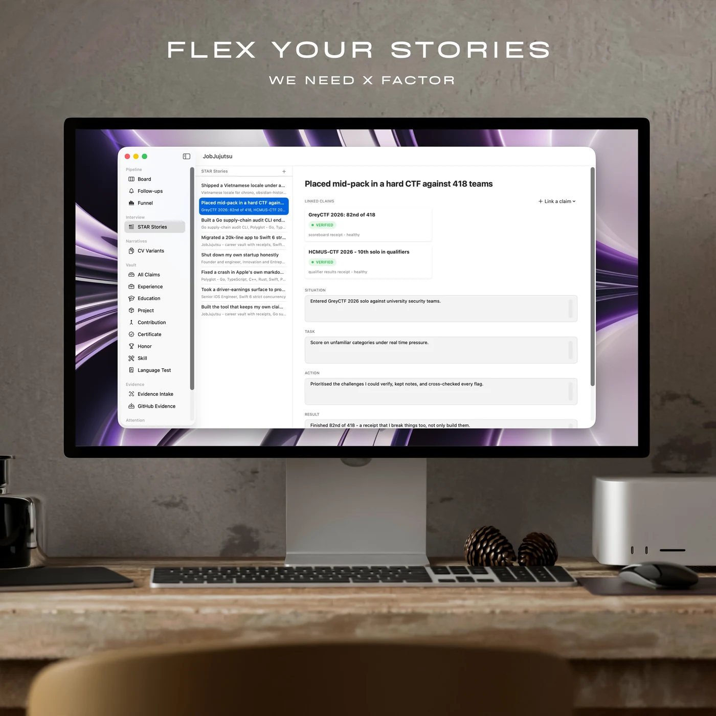 The STAR Stories editor: one story with its linked green claims on top, and separate boxes for Situation, Task, Action and Result.
