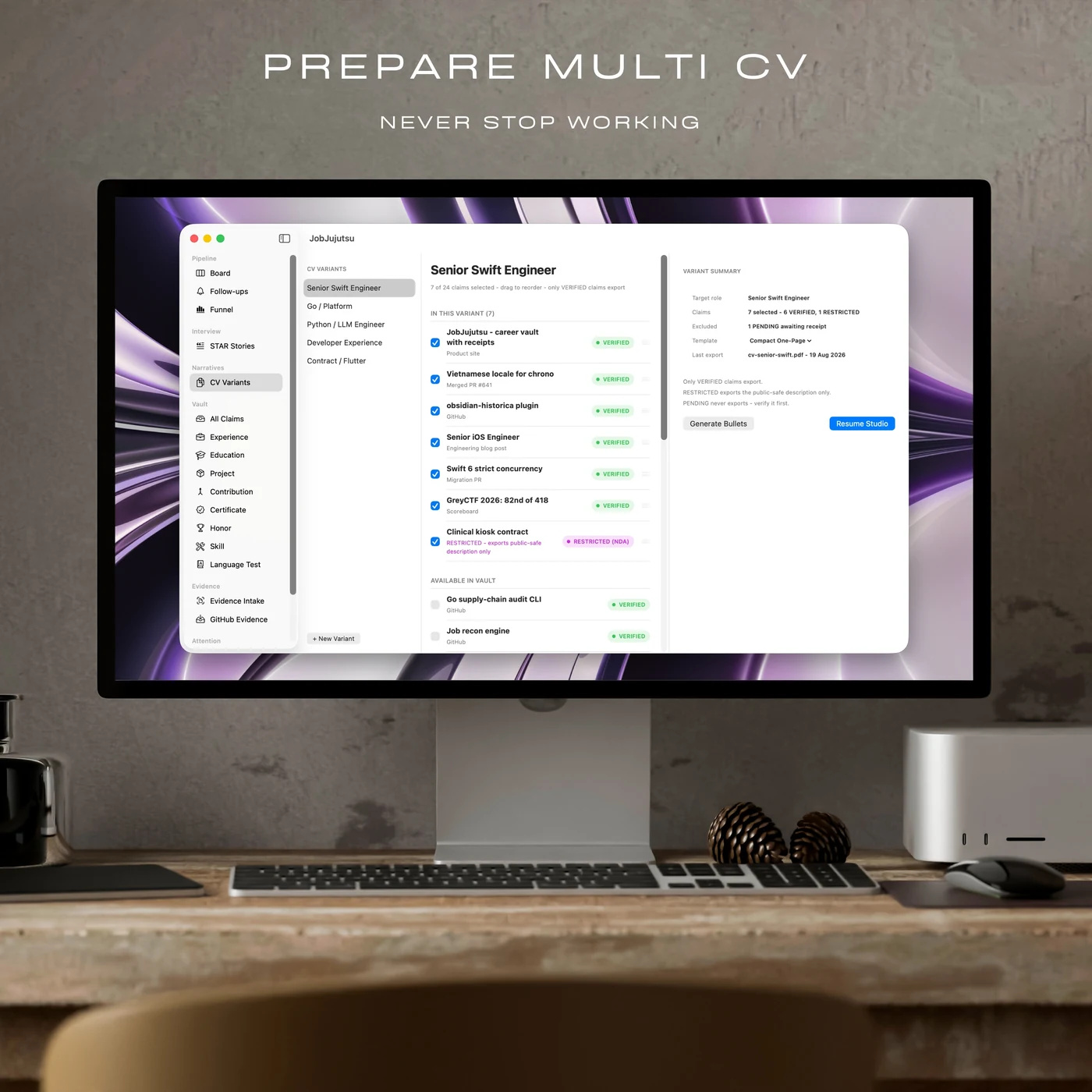 The CV Variants pane, listing a separate CV for each kind of role, with the claims ticked for each one.