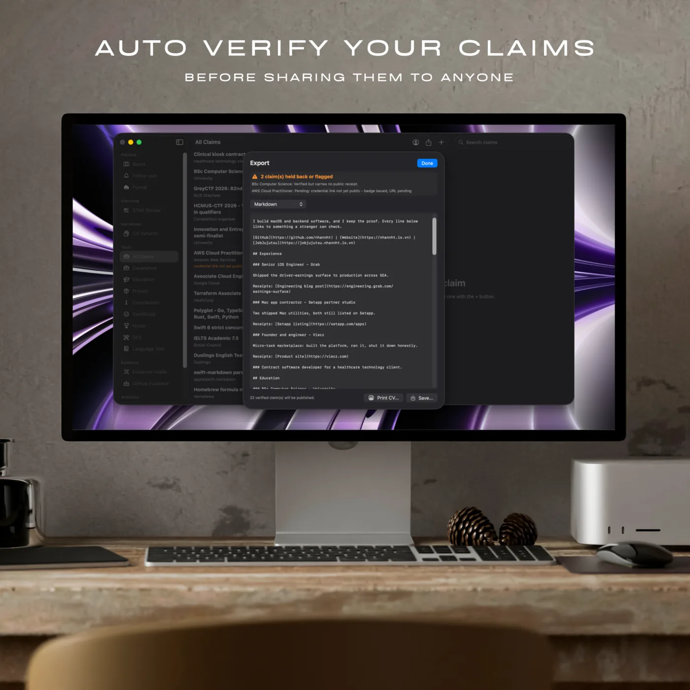 The export sheet: an orange banner naming the two claims it held back, a format picker set to Markdown, and the finished CV below.